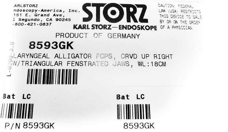 Storz Laryngeal Alligator Forceps, Curved Up Right | 8593GK Storz