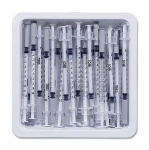 Allergist Tray, 1mL, Permanently Attached Needle, 26G x 1/2", Regular Bevel, 25/tray, 40 trays/cs BD